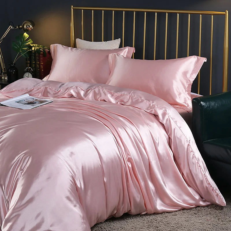 Silk Bedding Set with Duvet Cover Fitted/Flat Bed Sheet Pillowcase Luxury Satin Bedsheet Solid Color King Queen Twin Size