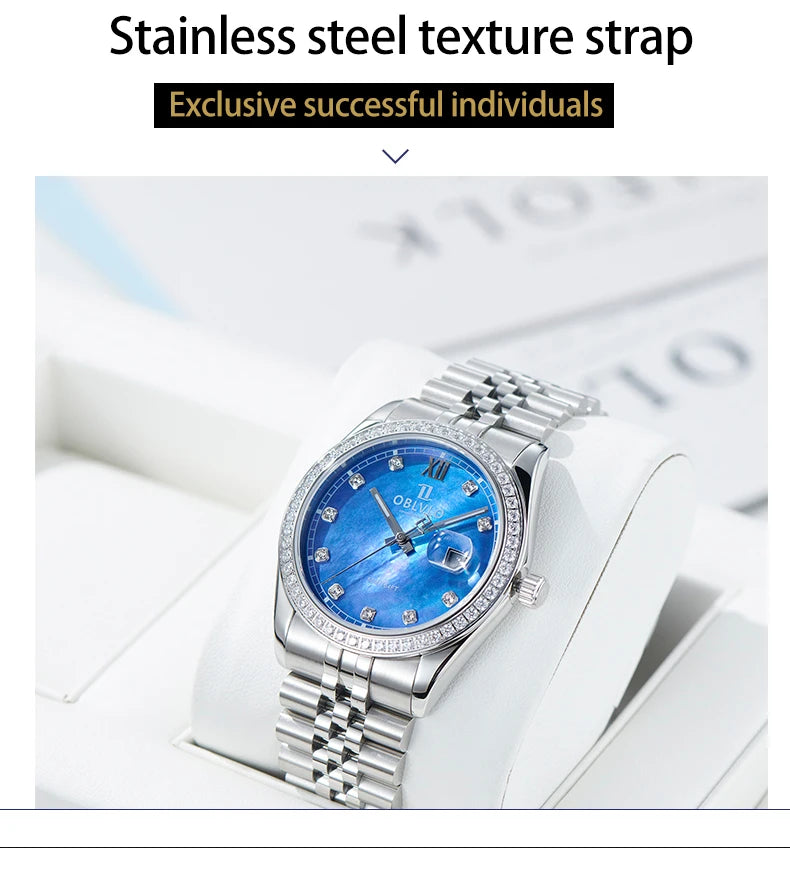 OBLVLO Men's Elegant Diamonds Bezel Two Tone Bracelet Quartz Watch with Date Fashion MOP Dial Business Watches for Men RX-PE-D