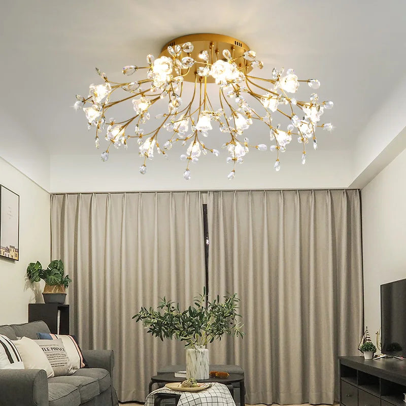 Luxury Crystal Flower Ceiling Light Gold LED Branch Tree Chandelier For Living Room Bedroom Villa Hotel Decor Bedside Wall Lamp