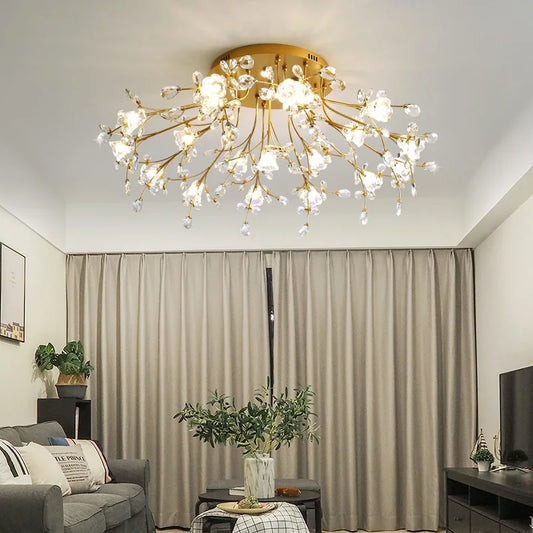 Luxury Crystal Flower Ceiling Light Gold LED Branch Tree Chandelier For Living Room Bedroom Villa Hotel Decor Bedside Wall Lamp