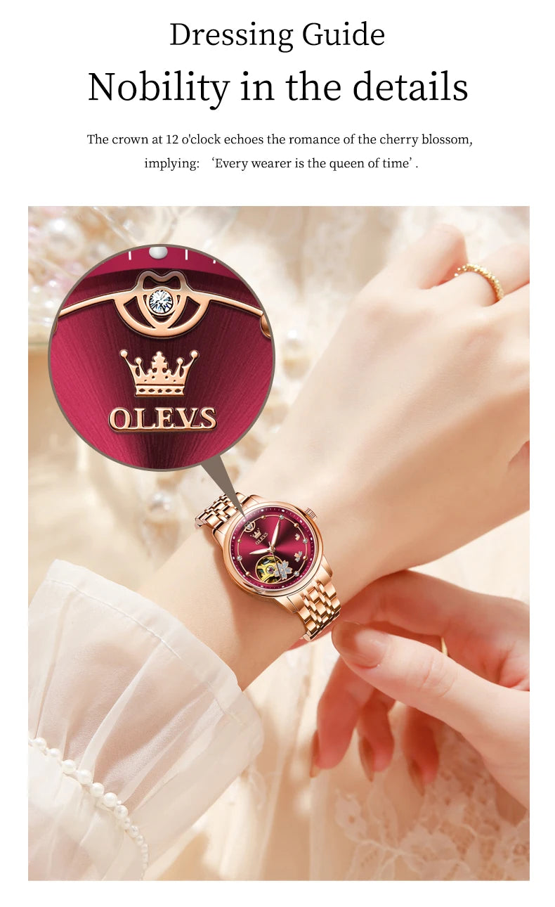 OLEVS Original Rhinestone Flower Design Watch Women's Luxury Rose Gold Watch Wine Red Automatic Mechanical Watch Birthday Gift