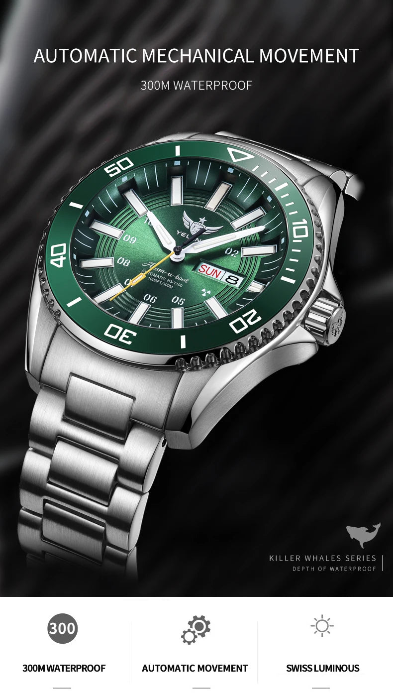 YELANG Automatic Mens Green Water Ghost Watches H3 T100 Self Luminous Wristwatch Waterproof 300m Turning Ceramic Bezel V1032
