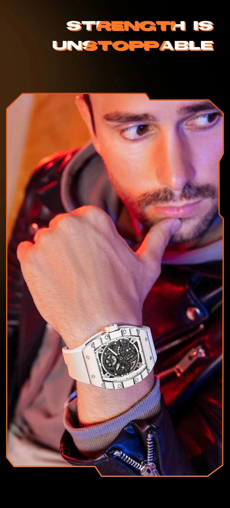 BONEST GATTI Men Automatic Movement Mechanical Watch Carbon Fiber Bezel Tonneau Luminous Case Fluororubber Strap Watches For Men