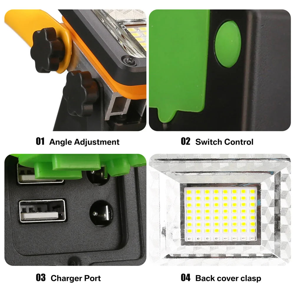 LED Portable Work Light Waterproof Rechargeable Spotlight for Outdoor Hiking Camping Searchlight Garage Emergency Floodlight