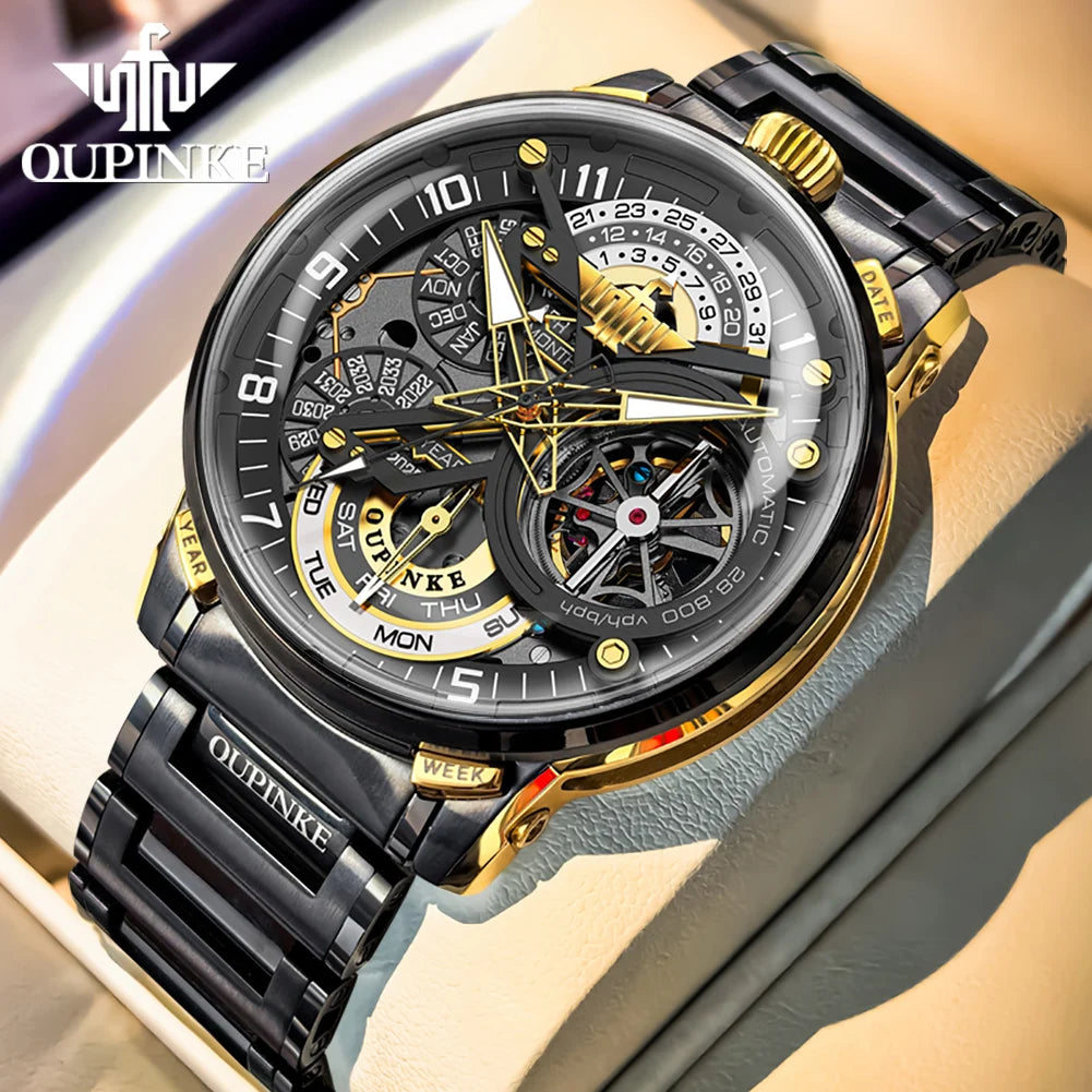 OUPINKE 3278 Herrenuhr, Luxus-Automatikuhr mit Schwungrad, Skelett-Uhrwerk, 50 m wasserdicht, Edelstahl 316L