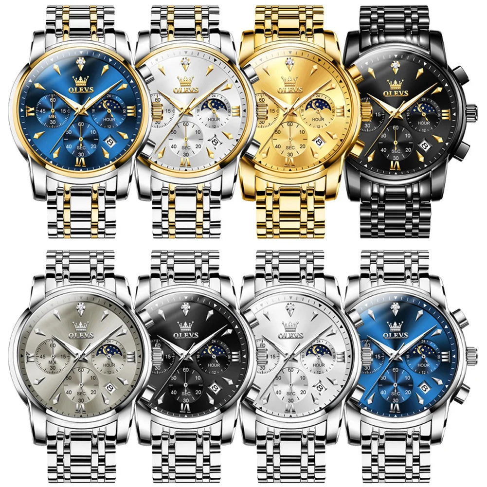 OLEVS 3639 Top Brand Original Luxury New Quartz Watch Stainless Steel Watch For Men Waterproof Luminous Moon Phase Mens Watch