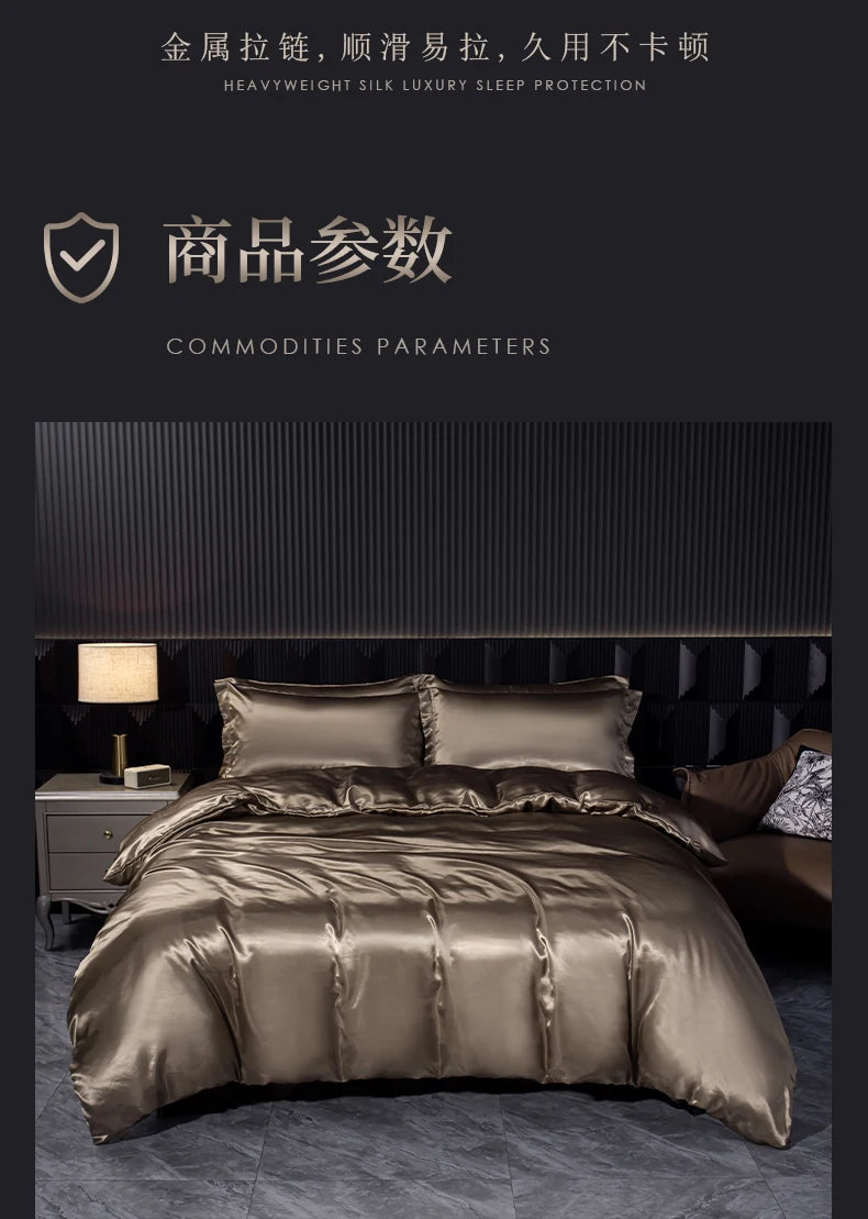 Solid Silk Bedding Set with Duvet Cover Bed Sheet Pillowcases Luxury Satin Single Double Bedsheet King Queen Twin Size