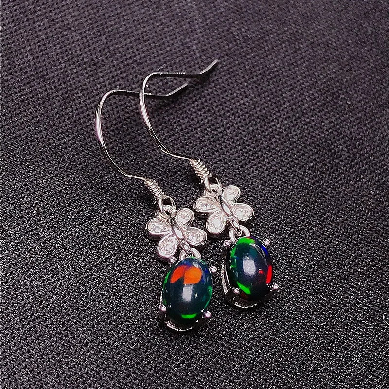 MeiBaPJ 5*7 Natural Black Opal Gemstone England Ear Drop Earrings for Women Real 925 Sterling Silver Charm Fine Wedding Jewelry