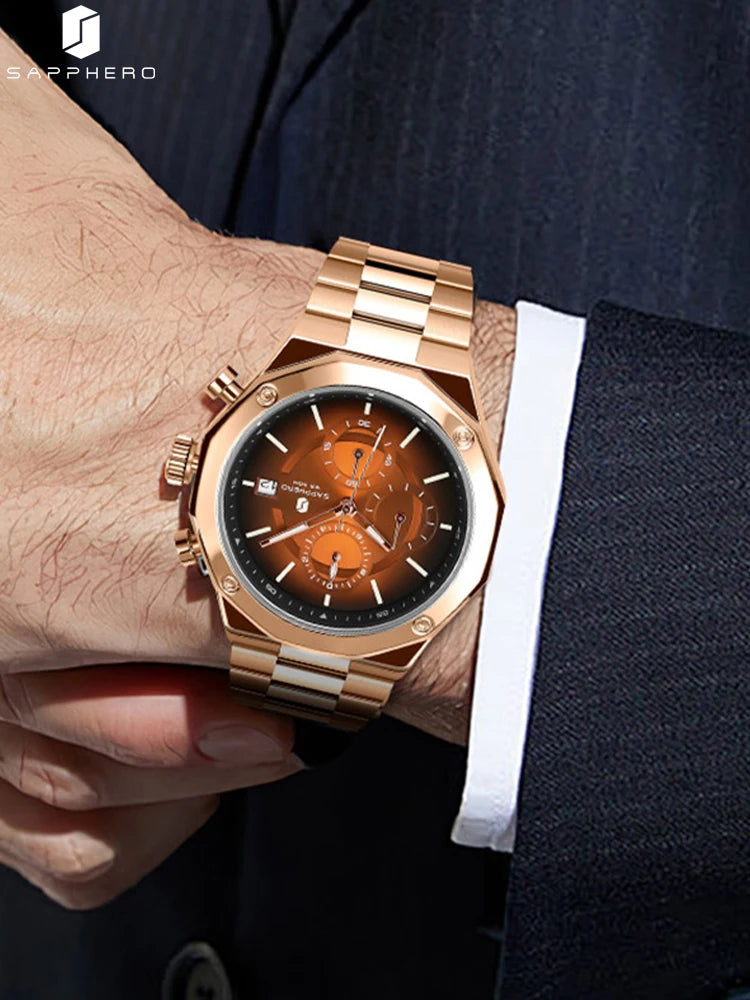 SAPPHERO Rose gold Watch Mens Watch Luxury  Stainless Steel Quartz Watch Business Waterproof Luminous Calendar Wristwatch Gift