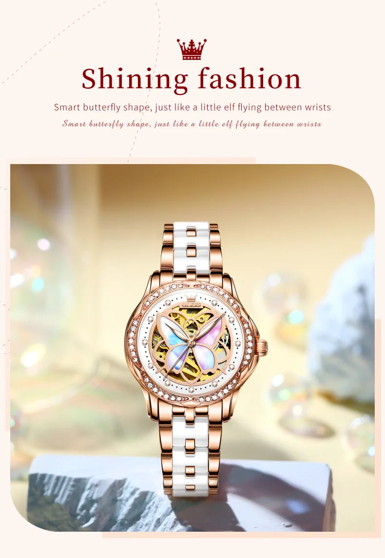 OLEVS 6615 Womens Watch Original Bezel Ceramic Mechanical Automatic Wristwatch Waterproof Luminous Ladies Watch Butterfly Dial