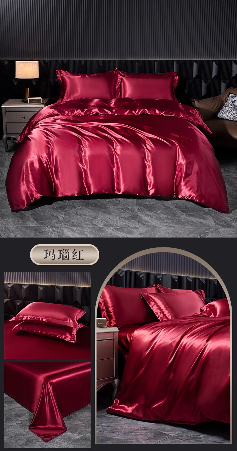 Solid Silk Bedding Set with Duvet Cover Bed Sheet Pillowcases Luxury Satin Single Double Bedsheet King Queen Twin Size