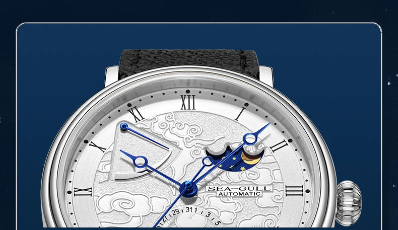 Seagull Moon Phase Watch Auspicious Clouds Special Edition Men's Automatic Mechanical Watch Luxury 41mm Watch for Men 6199 6198