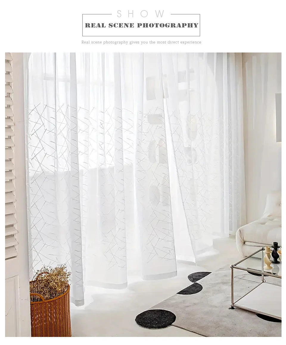 New Geometry White Embroidery Tulle Curtains for the Living Room Modern Sheer Curtain for Bedroom Window Blind Voile Custom Size