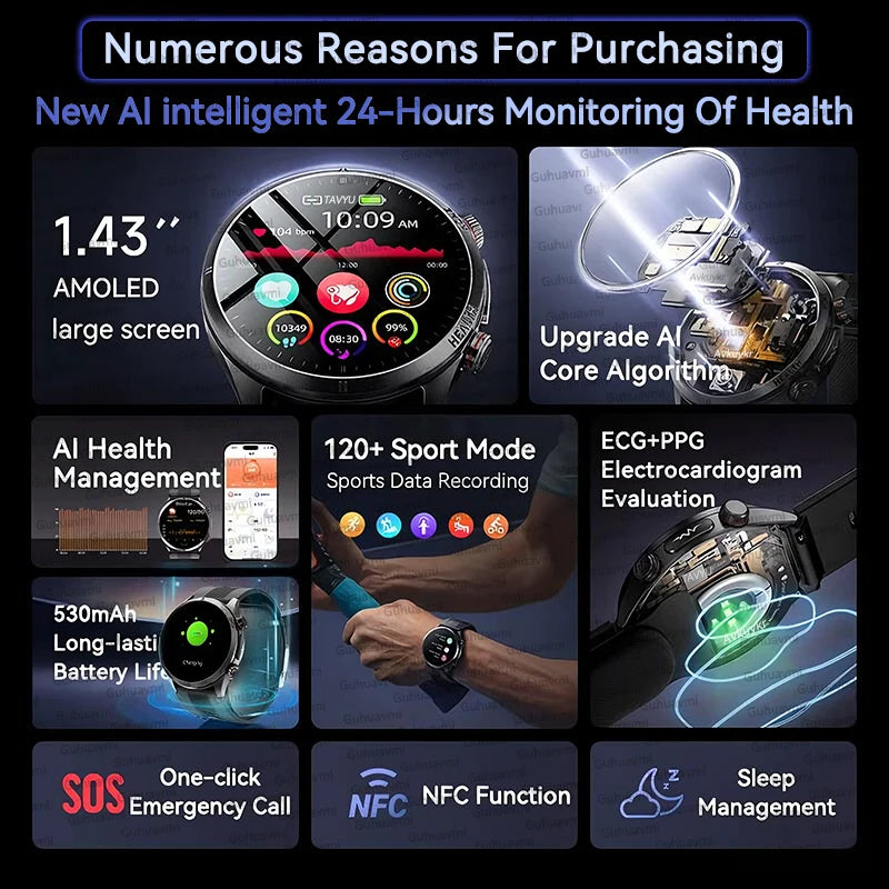 Smartwatch AMOLED Screen Call ECG Sport Watchs Air pump Measurement BP Micro physical examination AI dial Smart Watch Men Women