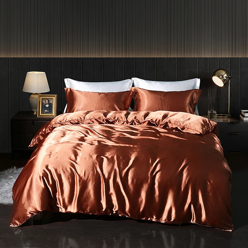 Luxury Satin  Bedding Set With Flat Sheet Duvet Cover High End Bedding Set  High Density Satin  Solid Color Bedding