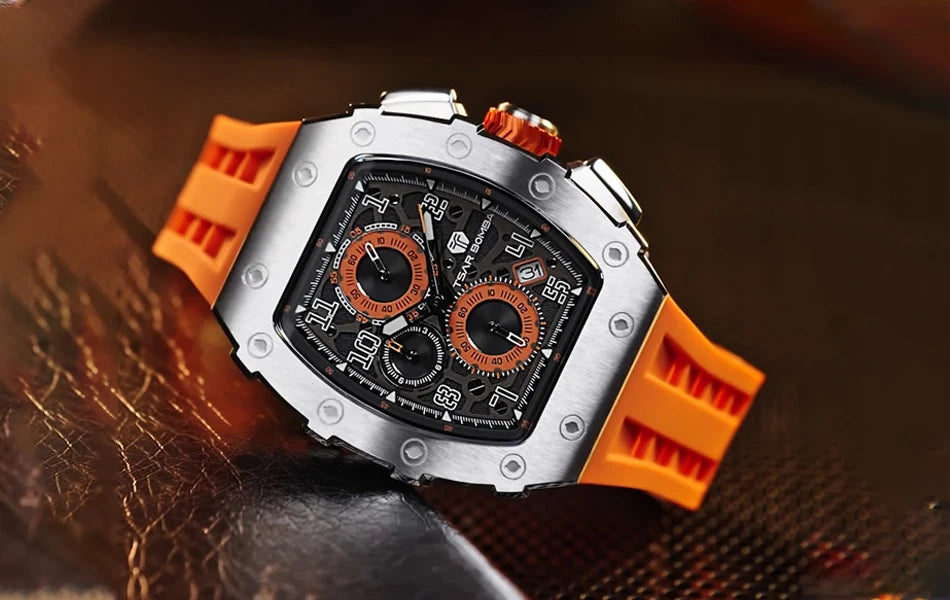 TSAR BOMBA Tonneau Mens Watches Sapphire Crystal Red Wristwatch Waterproof Chronograph Date Clock Luxury Christmas Gift for Men