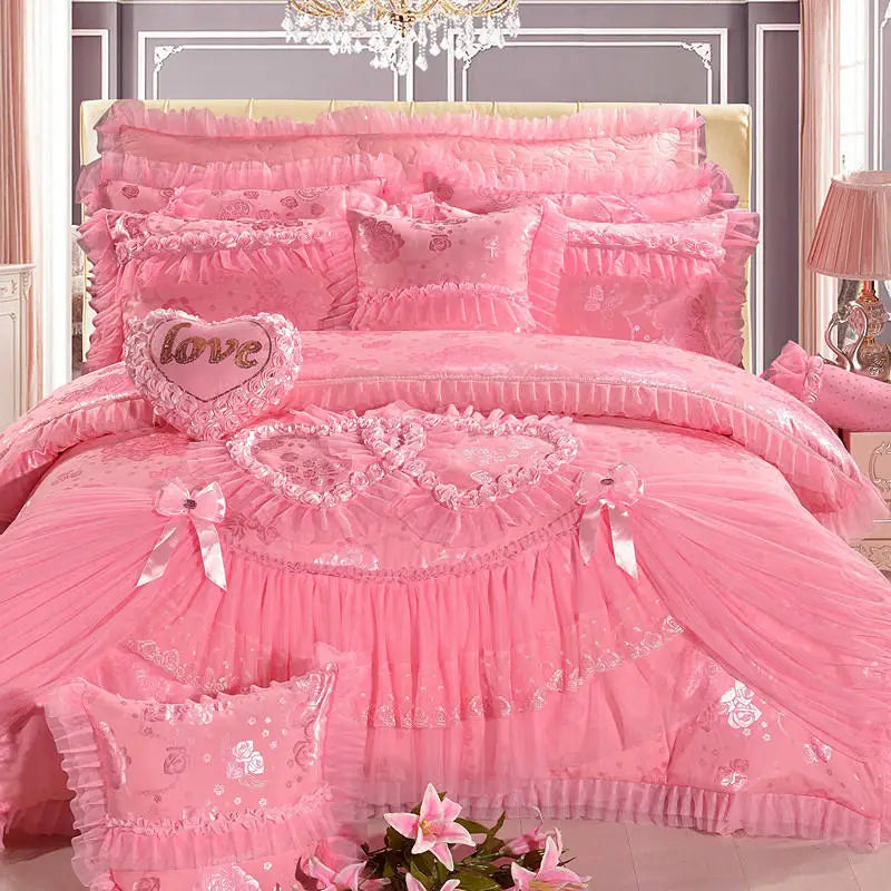 4/6/8pcs Red Pink Lace Princess Bedding Set Luxury Girls Wedding Bed Set Quilt Cover Bed Sheets Queen King Size 2025 New Design