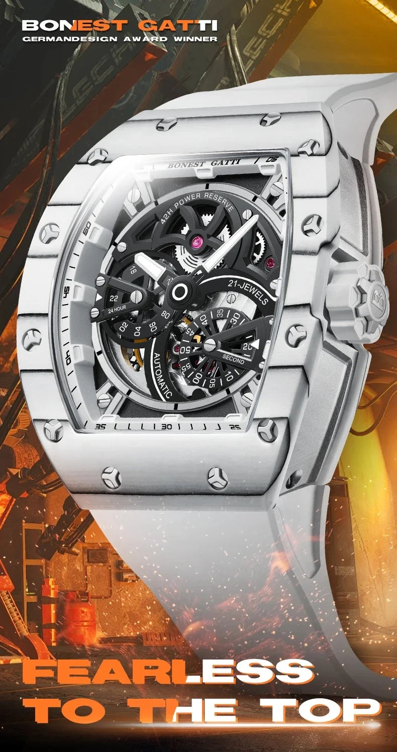 BONEST GATTI Men Automatic Movement Mechanical Watch Carbon Fiber Bezel Tonneau Luminous Case Fluororubber Strap Watches For Men