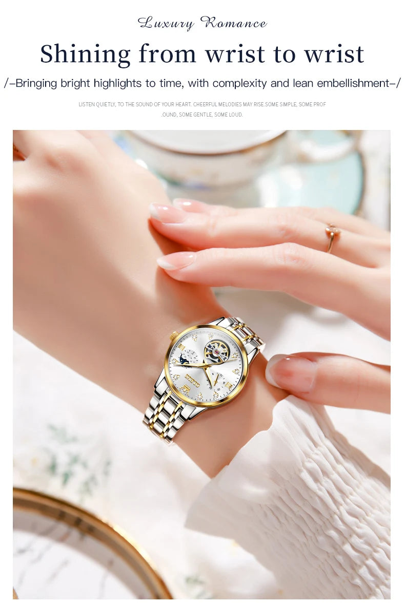 Montre femme OLEVS 6608, automatique, mécanique, étanche, en acier inoxydable, avec calendrier squelette.