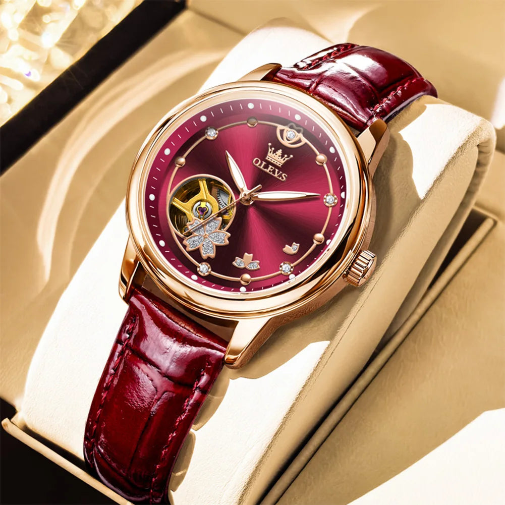 OLEVS Original Rhinestone Flower Design Watch Women's Luxury Rose Gold Watch Wine Red Automatic Mechanical Watch Birthday Gift