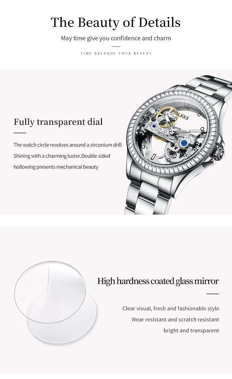 OLEVS Fully Hollow Watch for Women Automatic Mechanical Women's Watches Luminous Luxury Stainless Steel Diamond Inlay Wristwatch