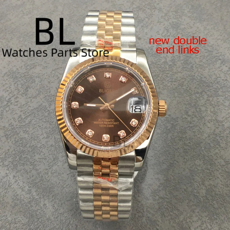 BLIGER Luxury Brown Dial Diamond Time Marks Watches For Men 36mm39mm Two Tone Rose Gold NH35 Movement Sapphire Glass Waterproof