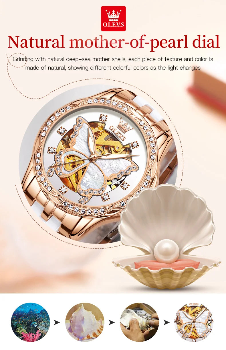 OLEVS 6622 Luxury Women All Automatic Mechanical Watch HD Waterproof Elegant Butterfly Diamond Women Fashion Bracelet Set Watch