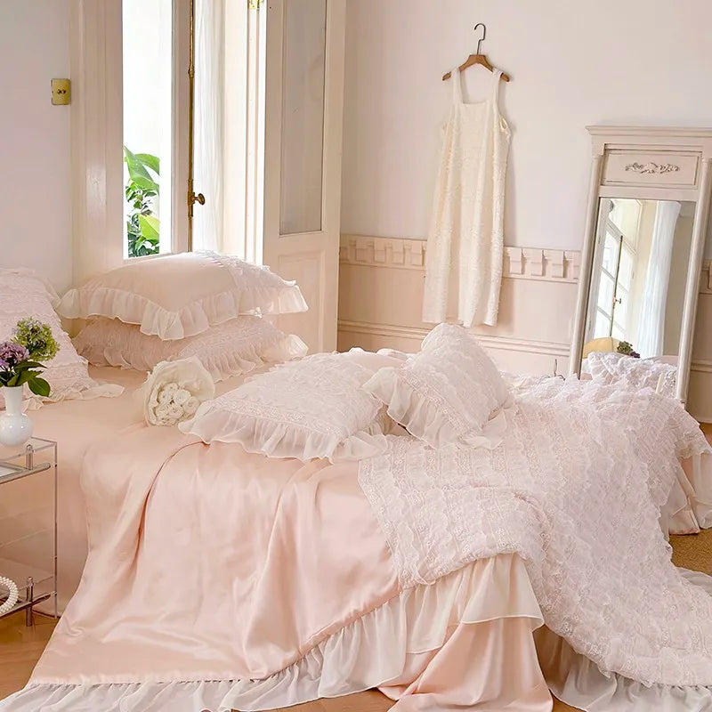 100%Eucalyptus Lyocell Cream White Lace Soft Silky Textured Wrinkle-Free Summer comforter Blanket 1Pc Flat sheet 2Pillow shams