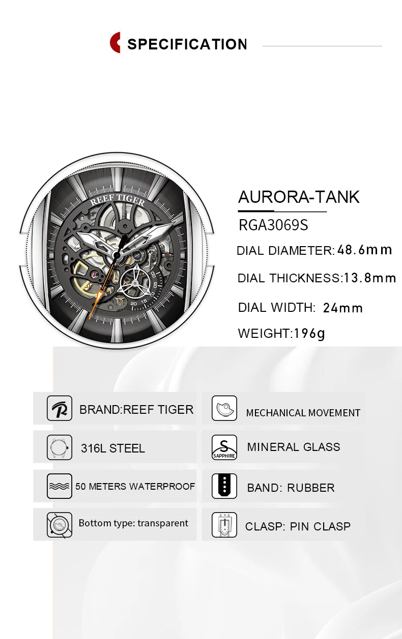 Reef Tiger Men's 316L Stainless Steel Skeleton Automatic Watch Wine Barrel Hollow Waterproof Mechanical Sport Watches RGA3069-S