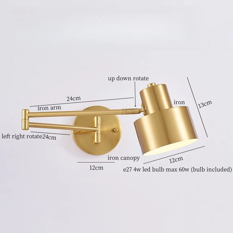 IWHD Golden Iron Art LED Wall Lights For Bedroom Kitchen Living Room Loft Mirror Bedside Lamp Swing Long Arm Lampade Da Parete