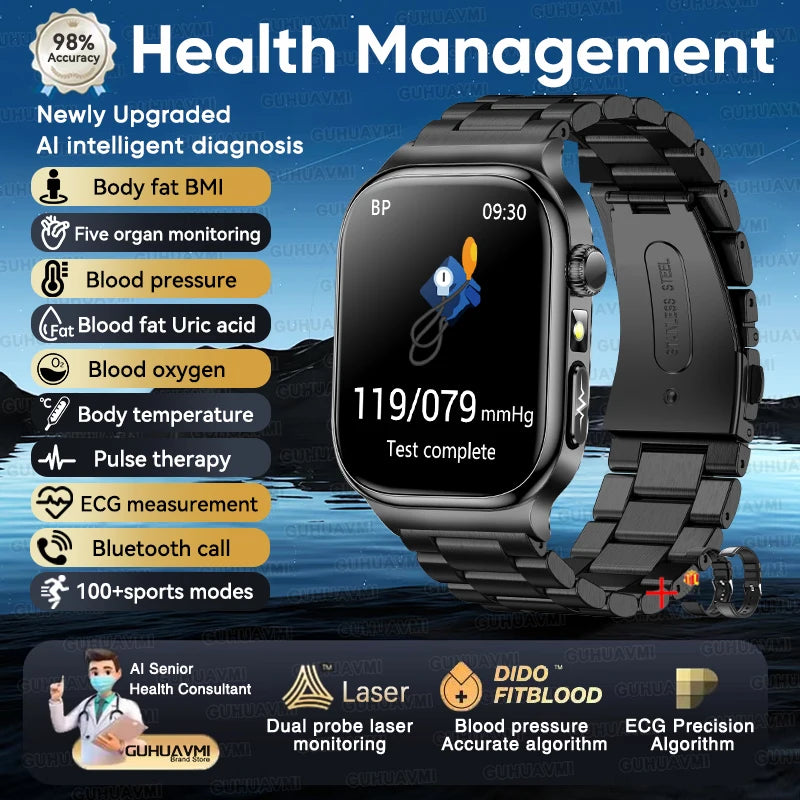 2025 New AI Human Health diagnosis ECG+HRV Smart Watch Blood Pressure Uric acid Blood lipid Bluetooth Call Smartwatch Men Women