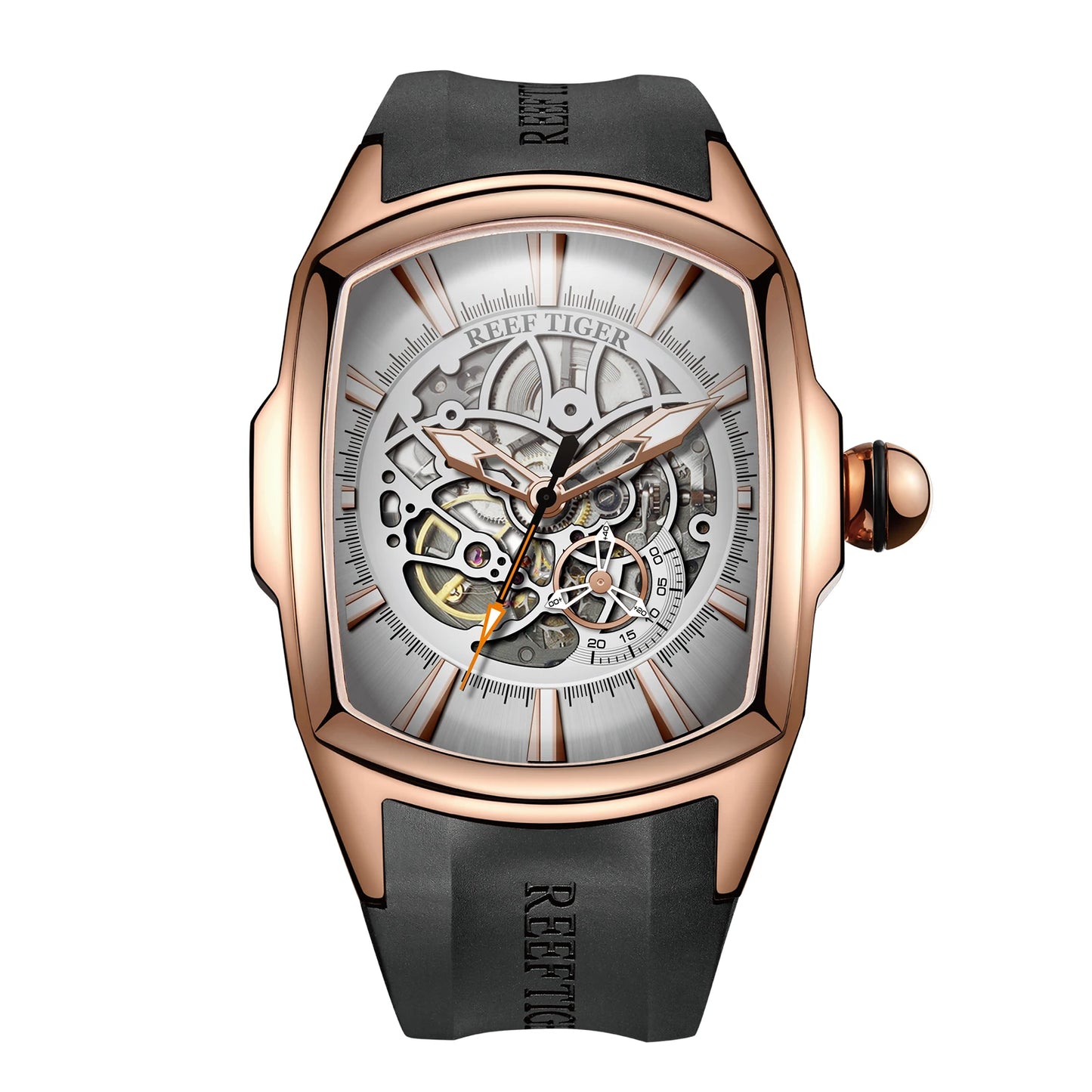 Reef Tiger Men's 316L Stainless Steel Skeleton Automatic Watch Wine Barrel Hollow Waterproof Mechanical Sport Watches RGA3069-S