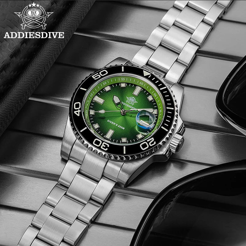 ADDIESDIVE New Men Watch AD2089 Diver 200m Waterproof Wristwatch Ceramic Bezel Luminous 316L Stainless Steel Quartz Watch AD2089