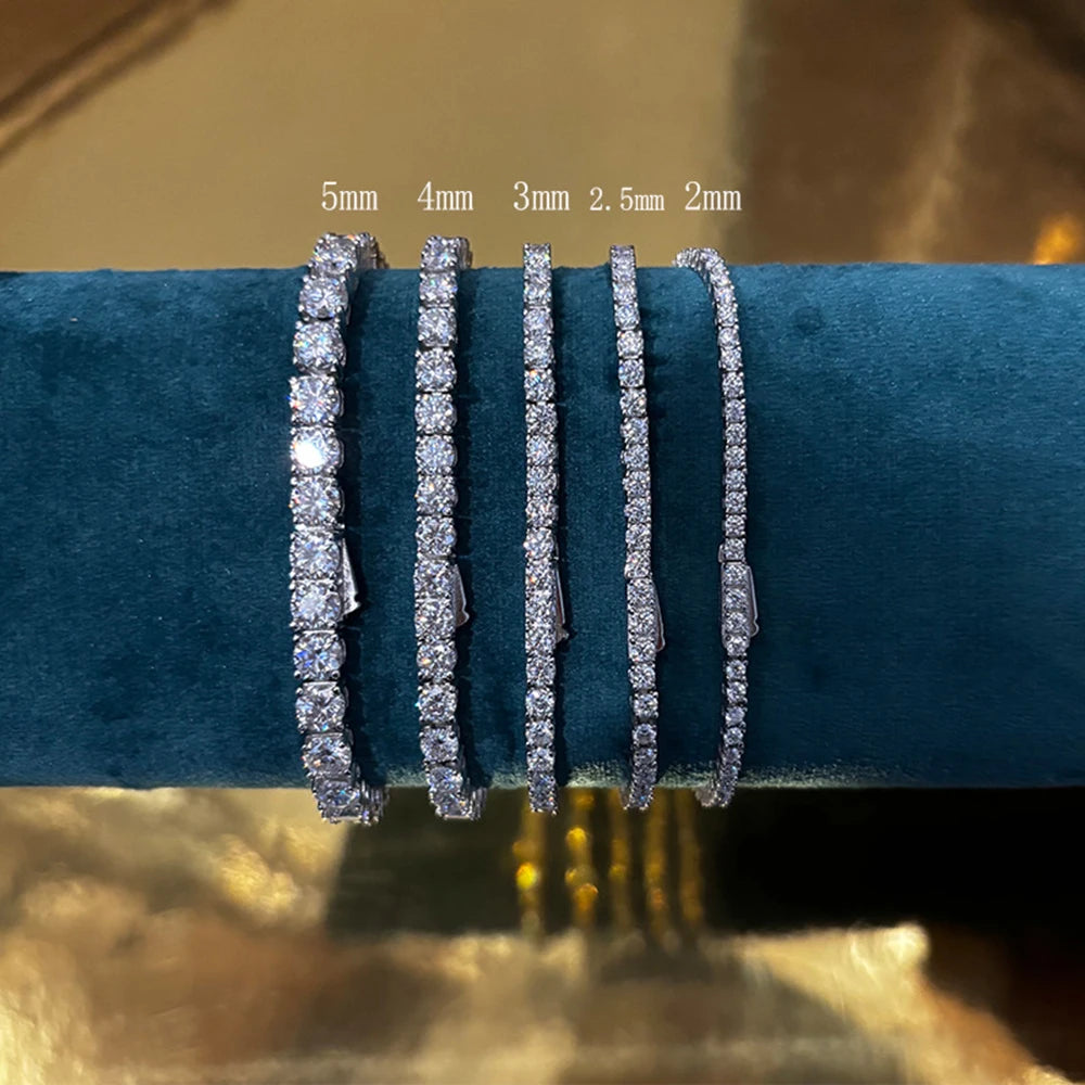 2-5mm Moissanite Tennis Bracelets for Women Men Lab Diamond S925 Silver Plated White Gold Bracelet Spring Clasp Wedding Jewelry