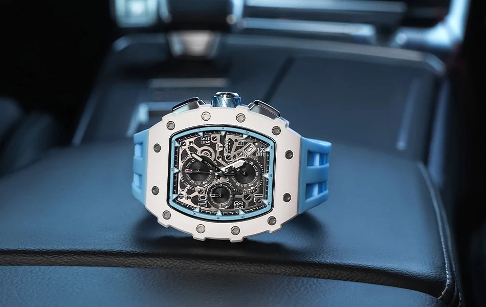 TSAR BOMBA Resin Watch for Men Tonneau Waterproof Mens Watches Top Brand Luxury Chronograph Sport Male White Wristwatches