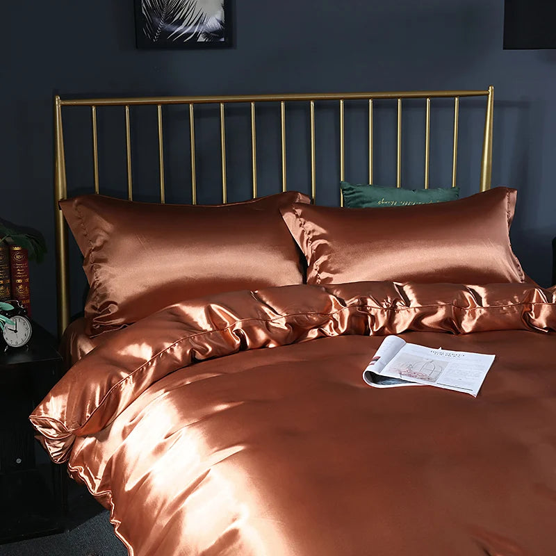 Silk Bedding Set with Duvet Cover Fitted/Flat Bed Sheet Pillowcase Luxury Satin Bedsheet Solid Color King Queen Twin Size