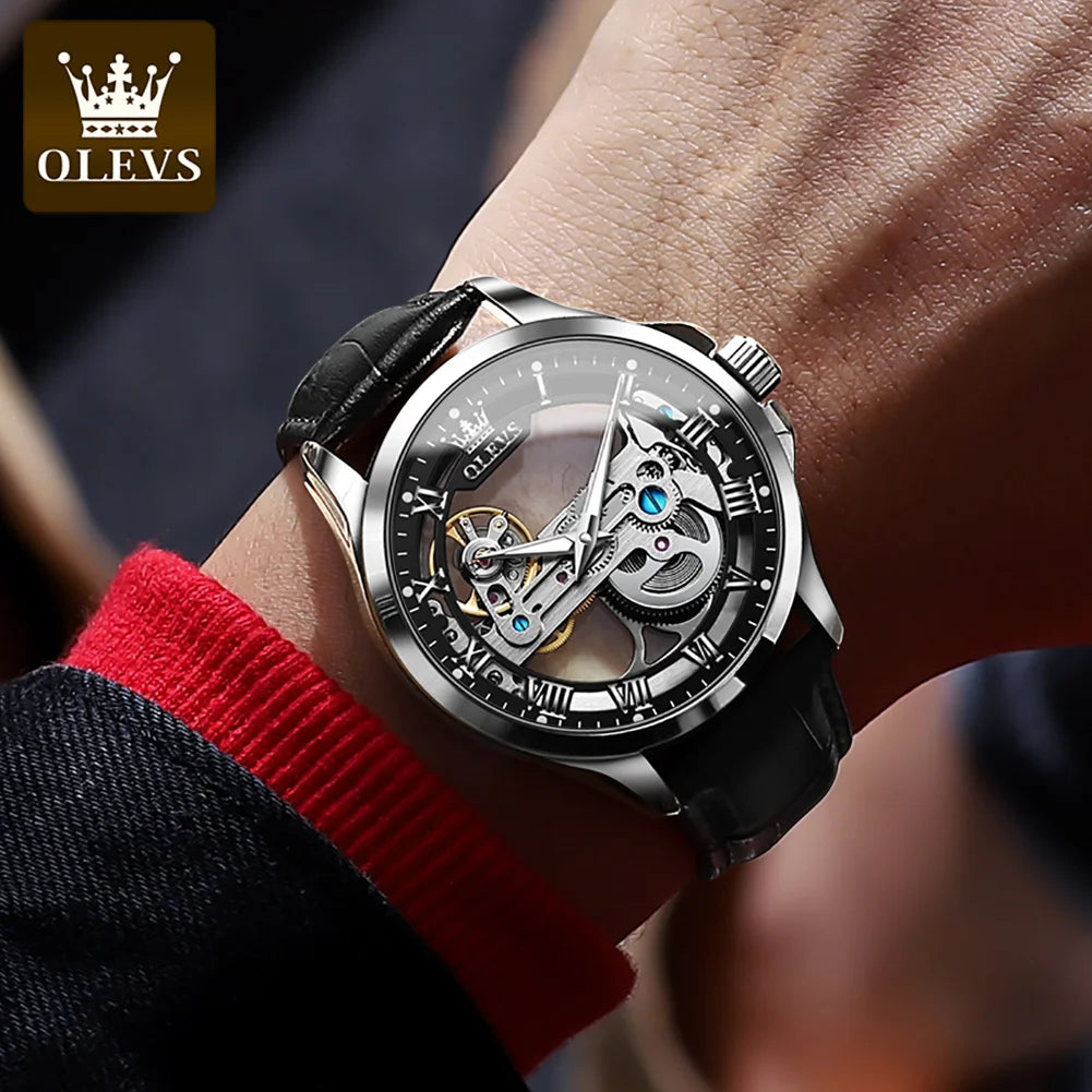 OLEVS Trend Fashion Men's Watches Casual Leather Strap Hollow Out Self-winding Movement Original Automatic Mechanical Wristwatch