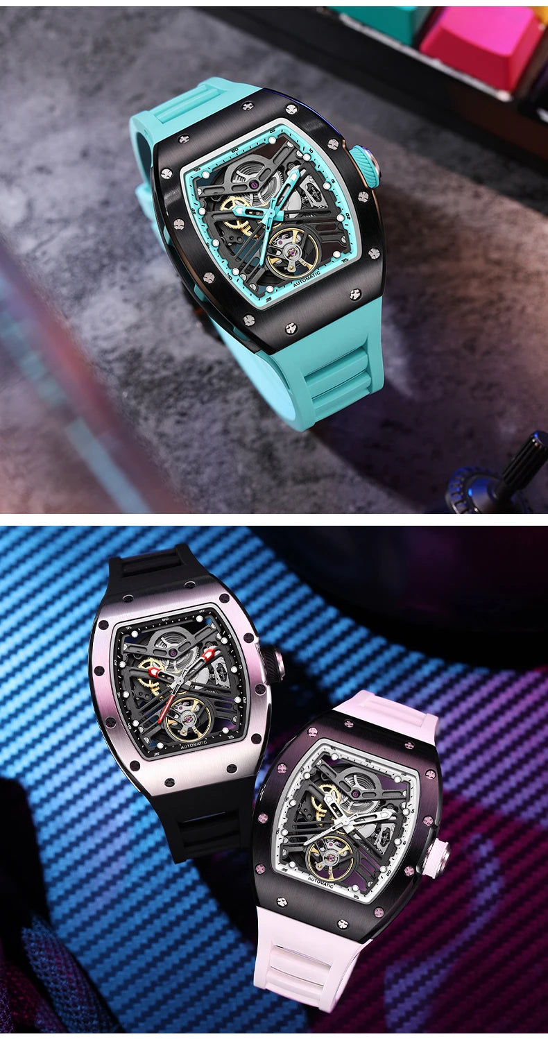 Carbon Fiber Mechanical Watch Cyberpunk Style Waterproof Crystal Dial Collector's Limited Edition Fashion Sport Wristwatch