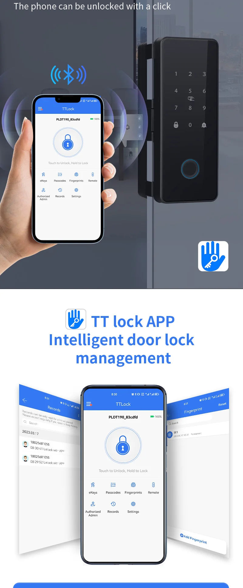 Glass Door Smart Lock TT-Lock Bluetooth Biometric Fingerprint Password Card Electronic Digital Lock office business departments