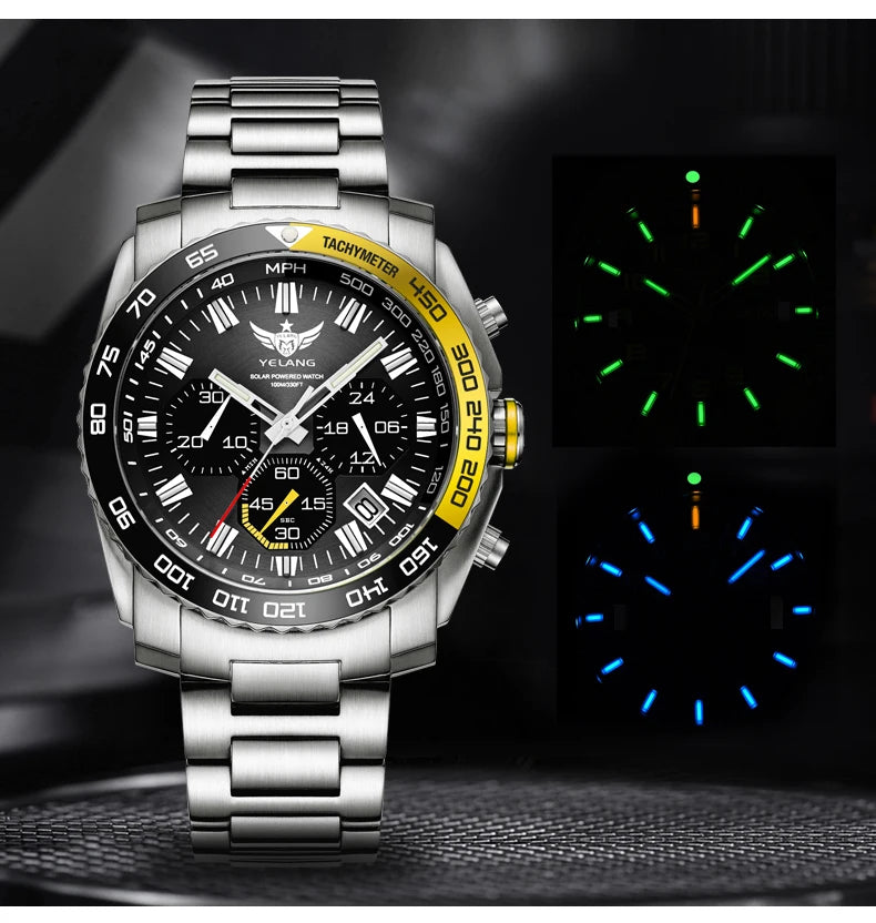Yelang Watch 44mm V1215 Men Sports Watch Japan Eco-Drive VR42 Solar Diving Watch 100m Waterproof 10Bar Luminous watches for men