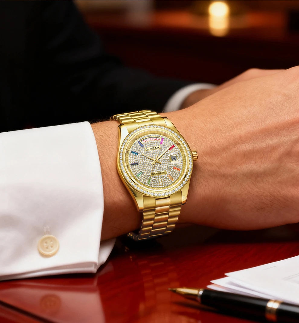 X-GEAR Men Luxury Watches Full diamond dial Diamond bezel Mechanical Watch Luminous Date Week Display Stainless Steel Case Strap