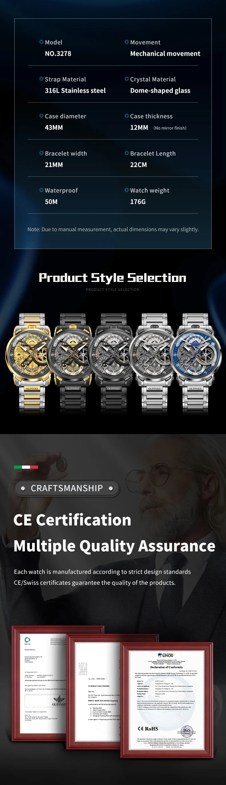 OUPINKE 3278 Herrenuhr, Luxus-Automatikuhr mit Schwungrad, Skelett-Uhrwerk, 50 m wasserdicht, Edelstahl 316L