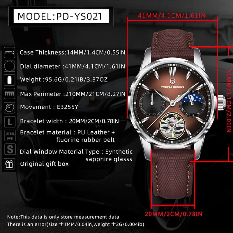 PAGANI DESIGN Tourbillon Men Wristwatch Top Brand 41mm Mechanical Watches Sapphire 100M Waterproof YS021 Gift Watch for Men 2025