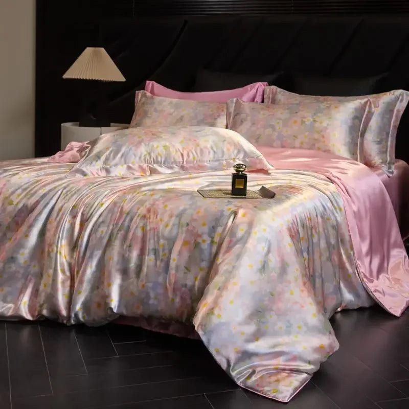 100% Natural Mulberry Silk Fitted Sheet Bedding Sets 3D Printed Satin Cooling Quilt Cover Set for Summer Single Double Bed Kit