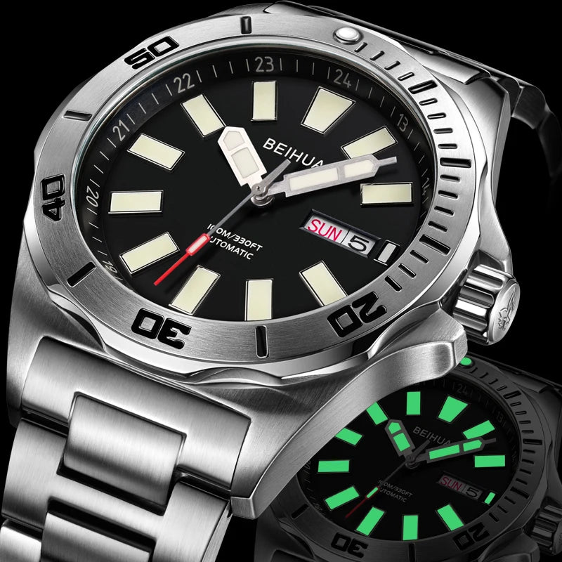 BEIHUA Men Automatic Watch Luminous Whole Night Super Bright C3 Japan TOP Mov't 24Jewels Day Date Sapphire  Luxury Gift Military