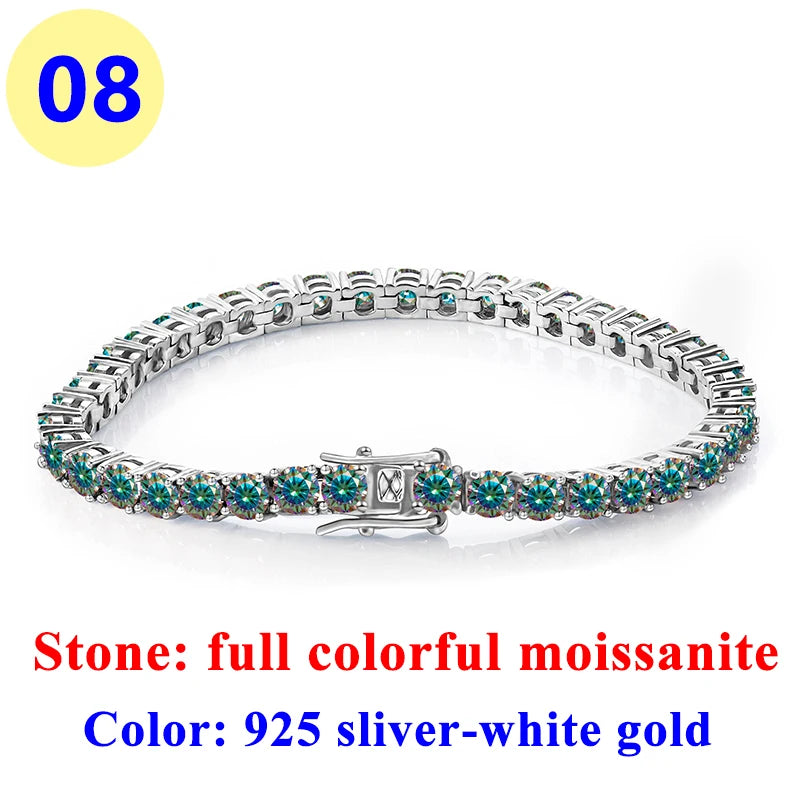 3MM Pink Full Moissanite Tennis HipHop Blue Green Yellow Purple Bracelet S925 Sliver Plated White Gold Bracelet for Women Men