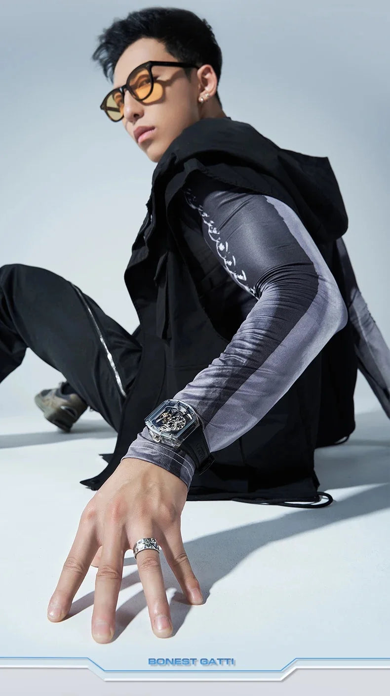 BONEST GATTI 2025 New Men Automatic Watch Tonneau Mechanical Wristwatch Acylic Case Sapphire Lume Hollow Out Dial Fluororubber