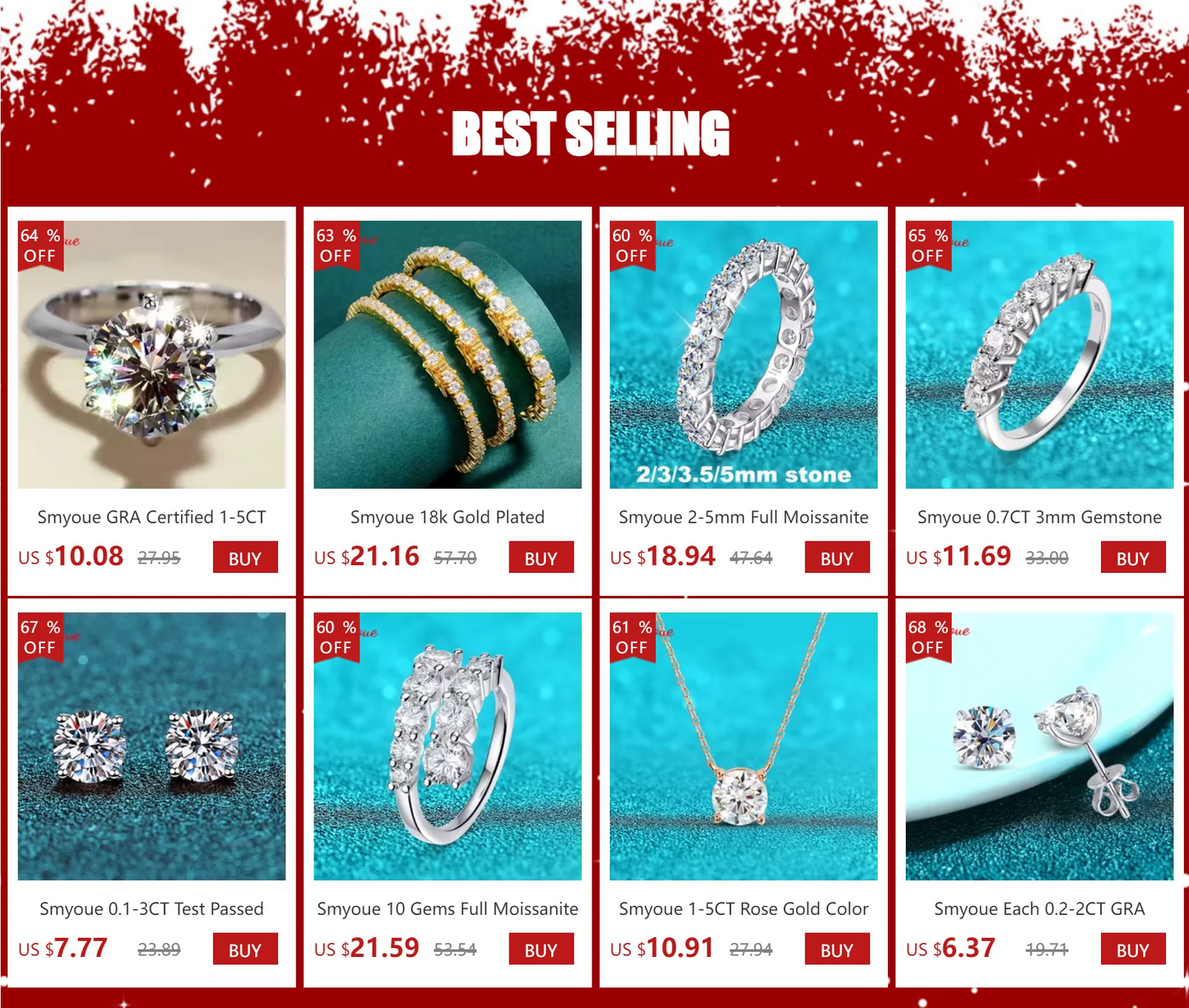 Smyoue 18k Plated 3.6CT All Moissanite Rings for Women 5 Stones Sparkling Diamond Wedding Band 100% S925 Sterling Silver Jewelry