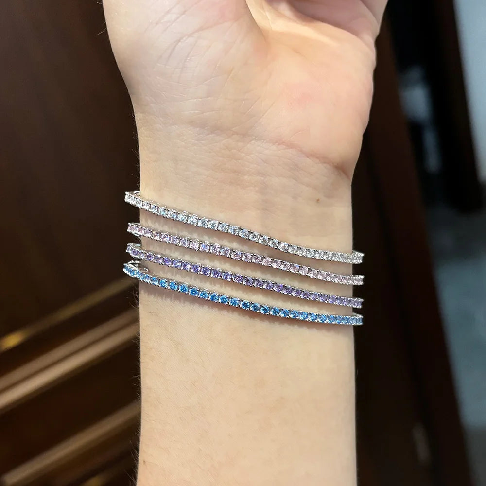 FEOBUR 2mm Blue High Carbon Diamond Tennis Bracelet for Women 925 Sterling Silver Color Gemstone Bracelets Party Jewelry Gifts