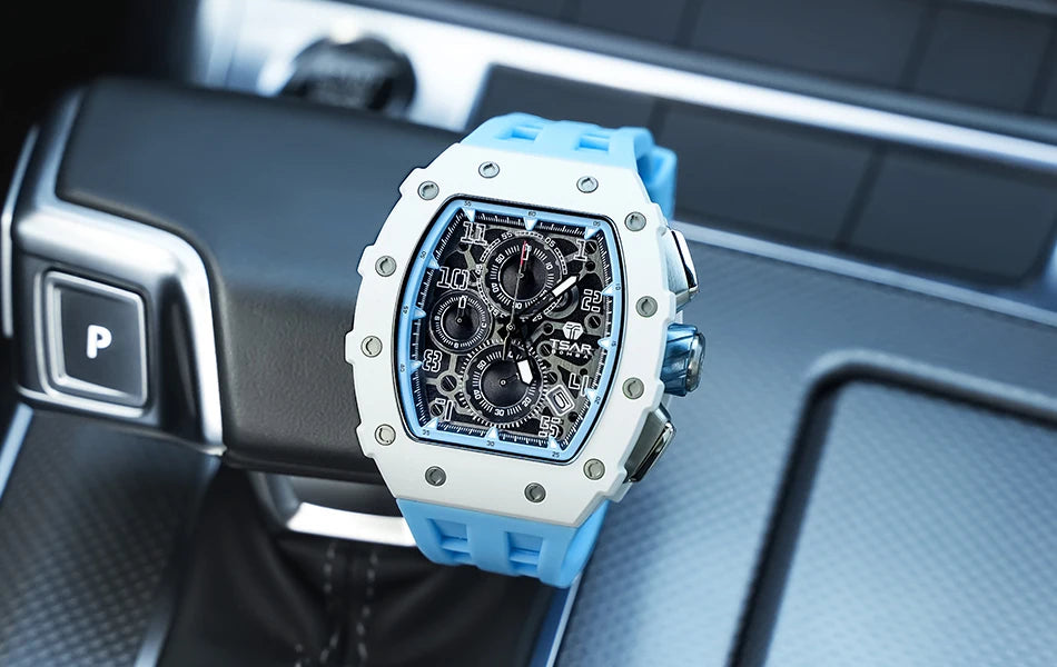 TSAR BOMBA Resin Watch for Men Tonneau Waterproof Mens Watches Top Brand Luxury Chronograph Sport Male White Wristwatches